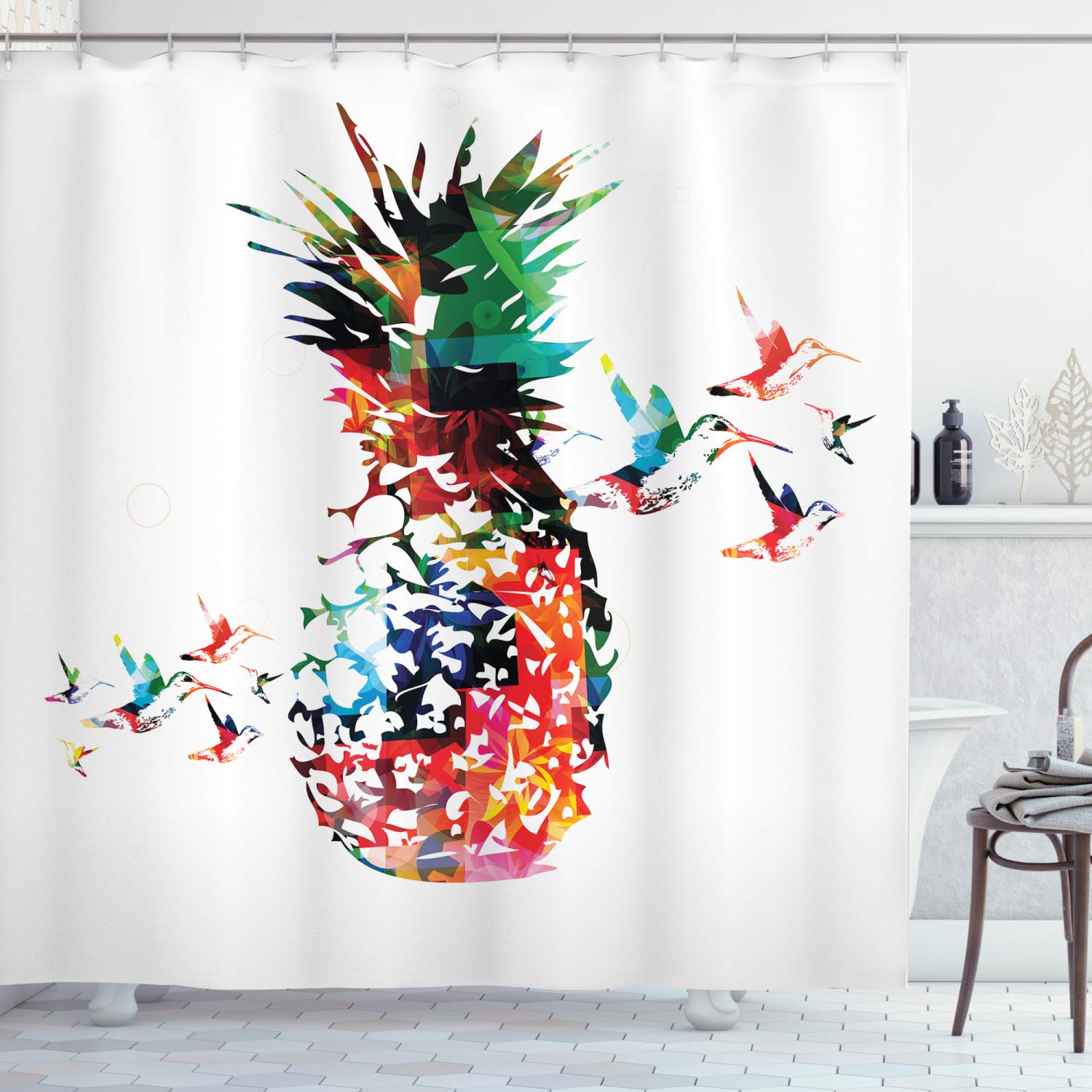 ABAKUHAUS Pineapple Shower Curtain, Geometric Pineapple Bursting into Scattering Birds Flight Modern Abstract Print, Cloth Fabric Bathroom Decor Set with Hooks, 94 Inches, Multicolor