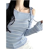SweatyRocks Women's One Shoulder Striped Tops Long Sleeve Casual Pullover Shirt Trendy Going Out Top