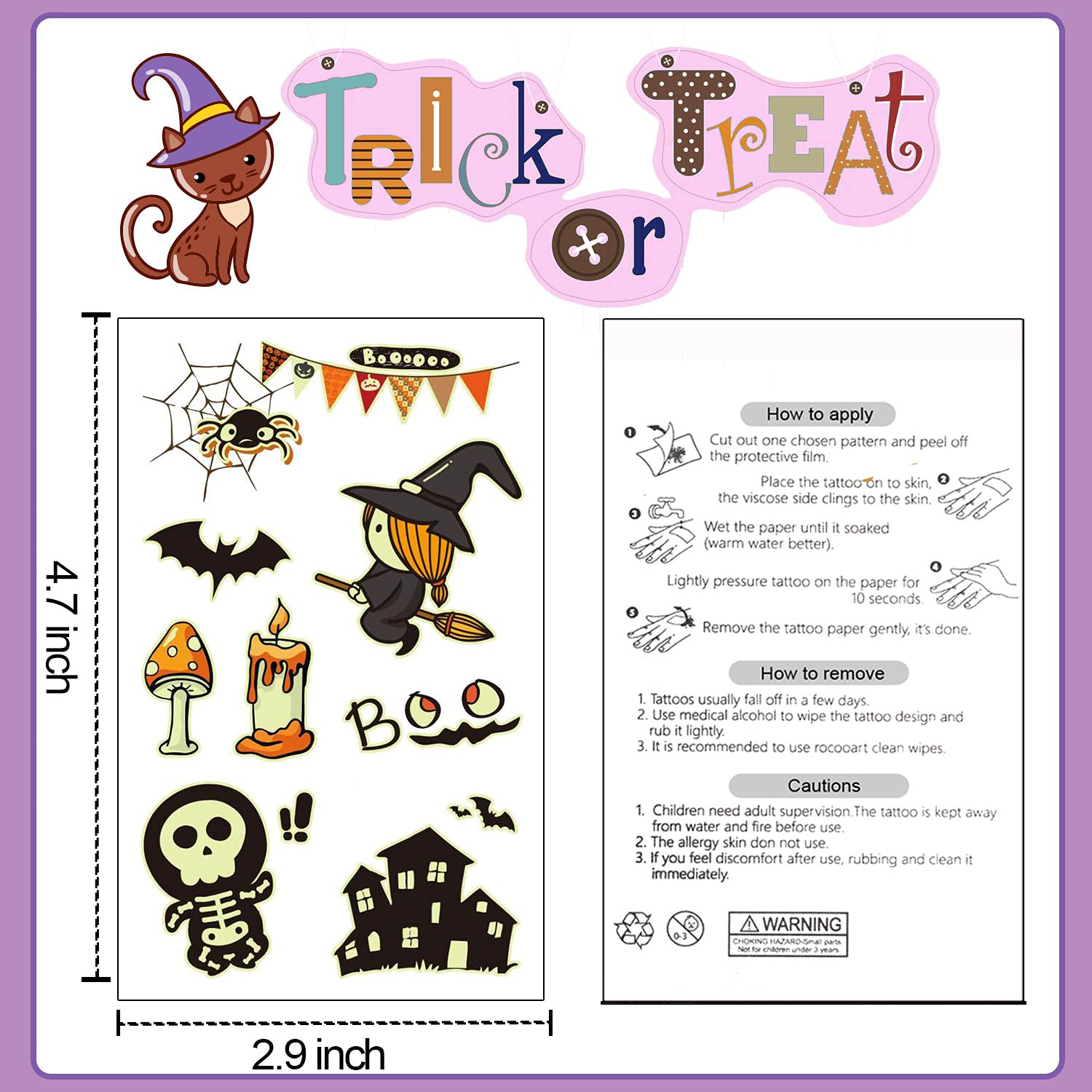 Partywind 125 Styles Glow Halloween Birthday Party Decorations Temporary Tattoos for Kids, Luminous Halloween Party Supplies Favors, Halloween Goodie Bag Fillers Games for Kids Party