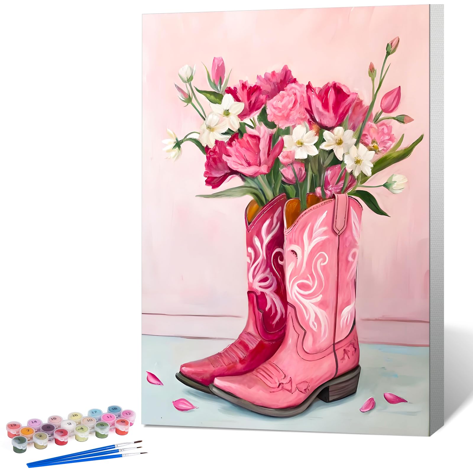 Paint by Numbers for Adults with Frame Pink Boot, Painting by Numbers for Adults with Frame Flower, DIY Acrylic Framed Adult Paint by Number Canvas Kits, Perfect for Home Decor Gift 8 X 12 Inch