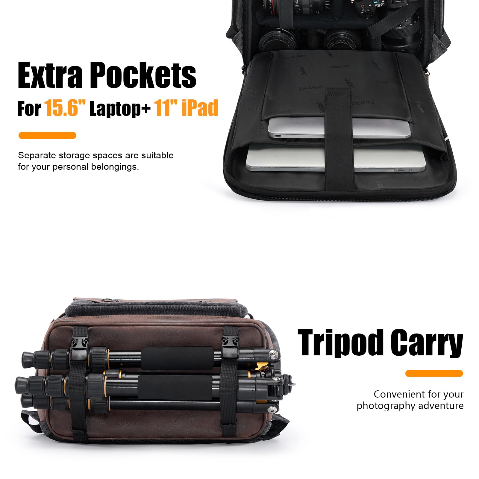 Cwatcun Canvas Camera Backpack, DSLR SLR Camera Bags for Photographers with Waterproof Rain Cover, Camera Case with Laptop Compartment & Tripod Holder for Canon Nikon Sony Fuji Camera & Lenses