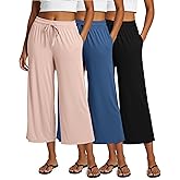 Real Essentials 3 Pack: Women's Ultra-Soft Wide Leg Loose Capri Open Bottom Pants - Yoga Lounge Pockets(Available in Plus)