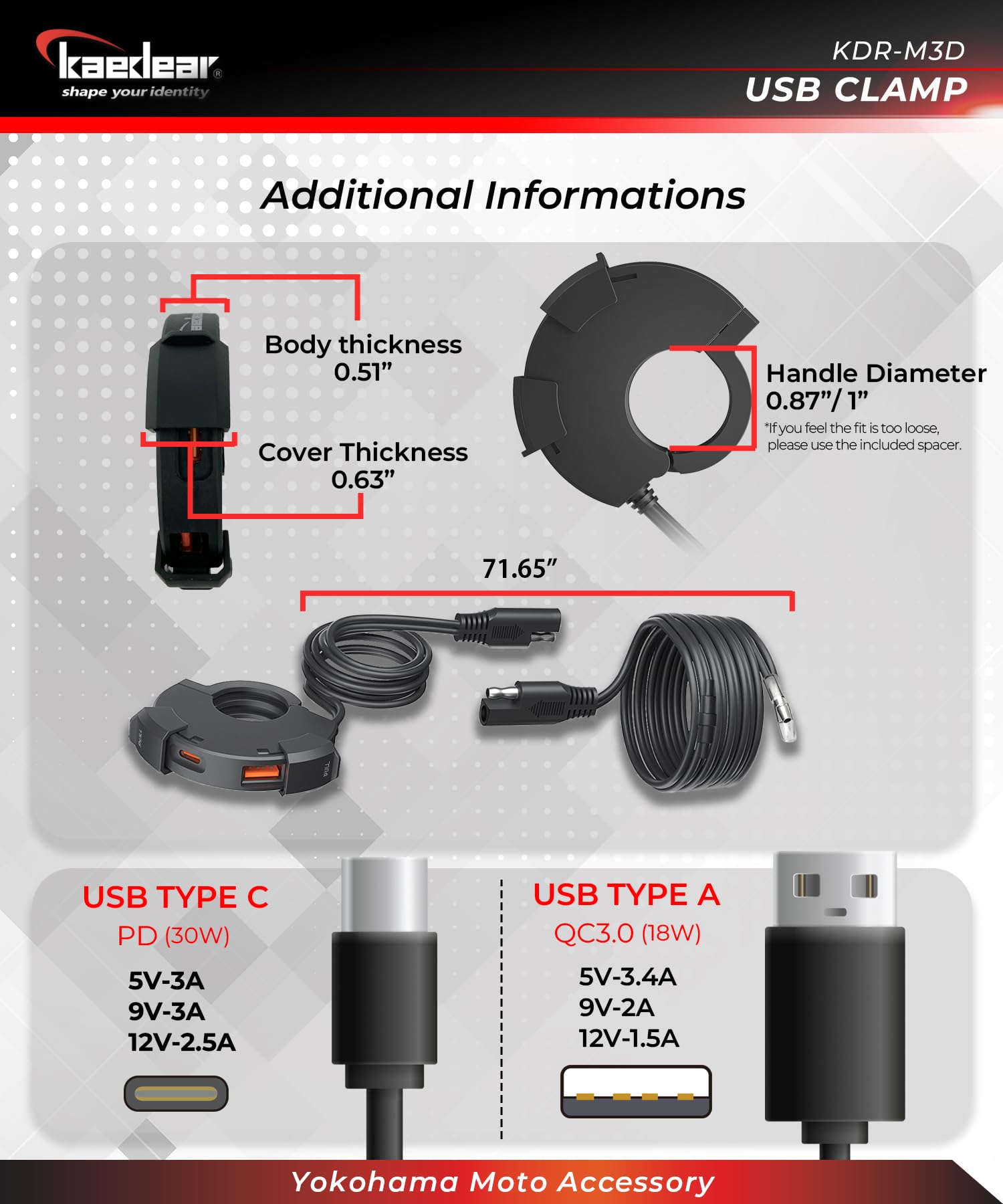 Motorcycle USB Clamp, Water Resistant, Fast-Charging, Type A, Type C, PD(30W)+QC3.0(18W), SAE DC 12V, KDR-M3D