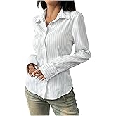 SweatyRocks Women's Striped Button Down Slim Fit Shirt Long Sleeve Collar Work Blouse Tops