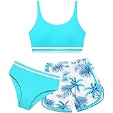 Adarl Girl 3 Piece Swimsuits Bathing Suit High Waist Color Block Bikini Set with Shorts Swimwear for Size 9-14 Years