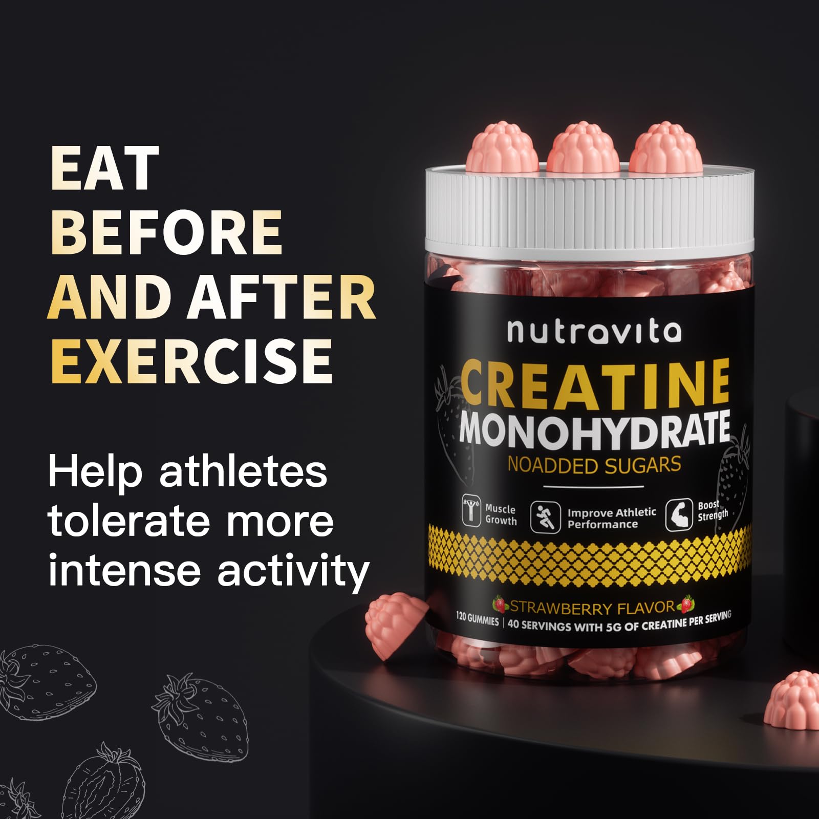 Nutravita Creatine Monohydrate Gummies for Men & Women-5g of Creatine Monohydrate per Serving - Sugar Free,Vegan, Strawberry Flavor, 120 Count