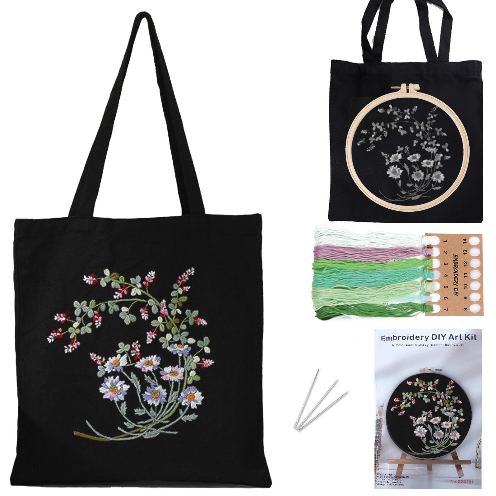 TYXHXTF Canvas Tote Bag Embroidery Kit with Pattern for Beginners, Cross Stitch Kits, DIY Crafts Kits for Adults, Include Instructions, Embroidery Hoops and Canvas Bag with Flower Pattern