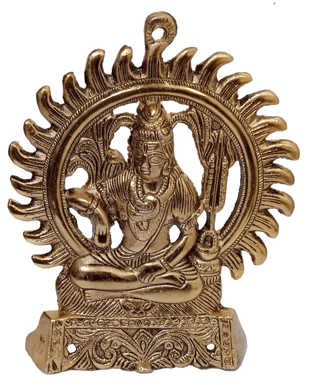 Purpledip Metal Wall Hanging Idol Kiran Shiva: Mahadev Siva Statue With Sun, Gold (12510)