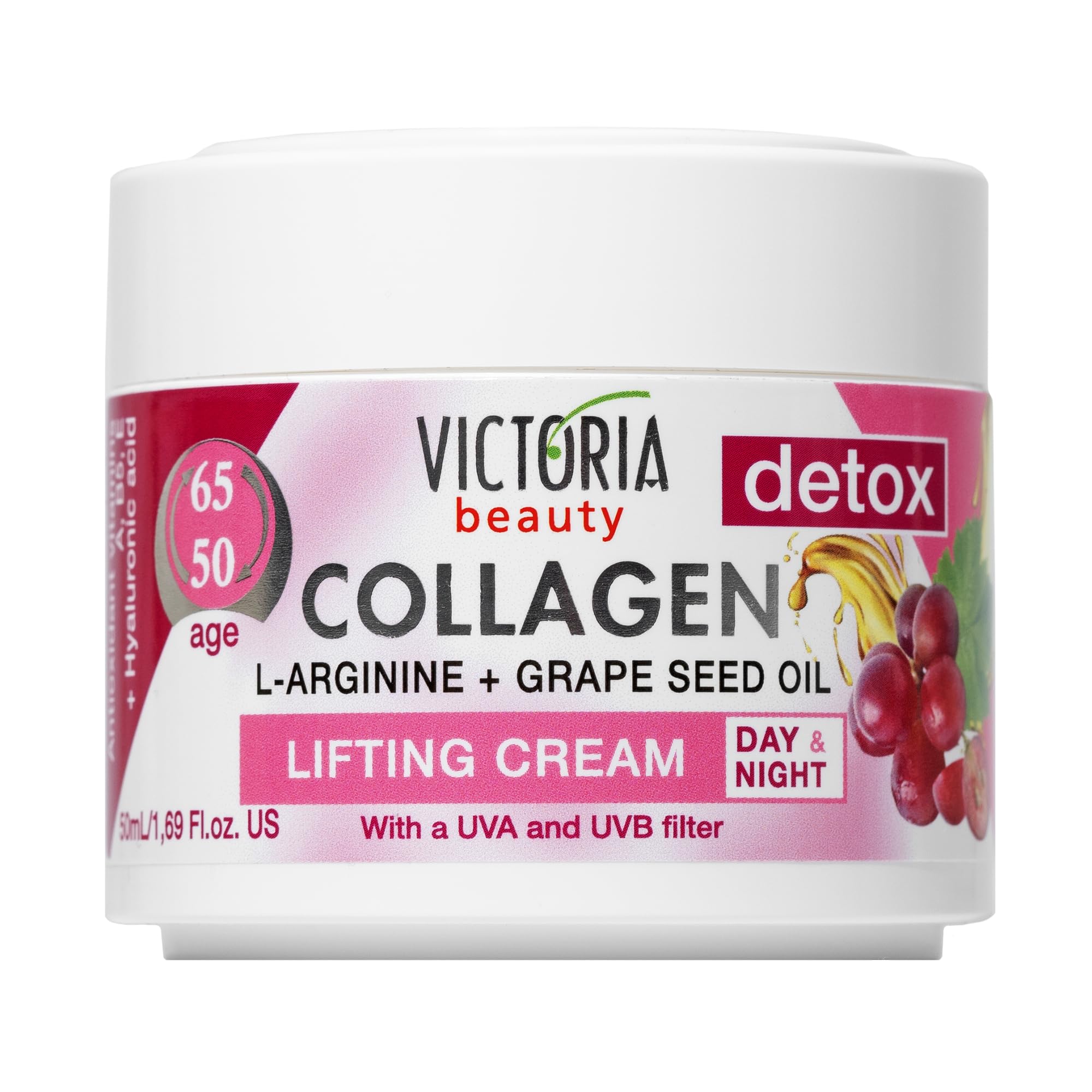 Victoria Beauty Day and Night Moisturiser with Collagen, Hyaluronic Acid, L-Arginine, Grapeseed Oil, and a UVA/UVB Filter for Ages 50-65, Pack of 2 Creams (2 x 50 ml)