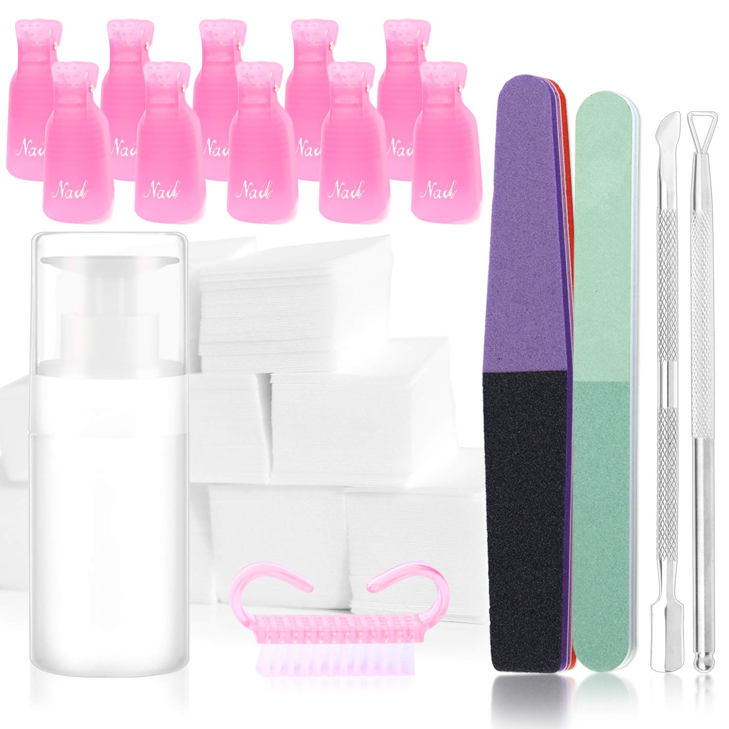 Gel Nail Polish Remover Tool - 10 pcs Nail Polish Remover Clips, 100ml Acetone Bottle, 1000 pcs Nail Remover Cotton Pads, Nail Brush, Cuticle Pusher Cuticle Peeler Nail File Buffer by Jiulory