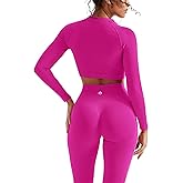 SUUKSESS Women 2 Piece Workout Sets Hidden Scrunch Hip Lifting Seamless Leggings Long Sleeve Yoga Crop Tops
