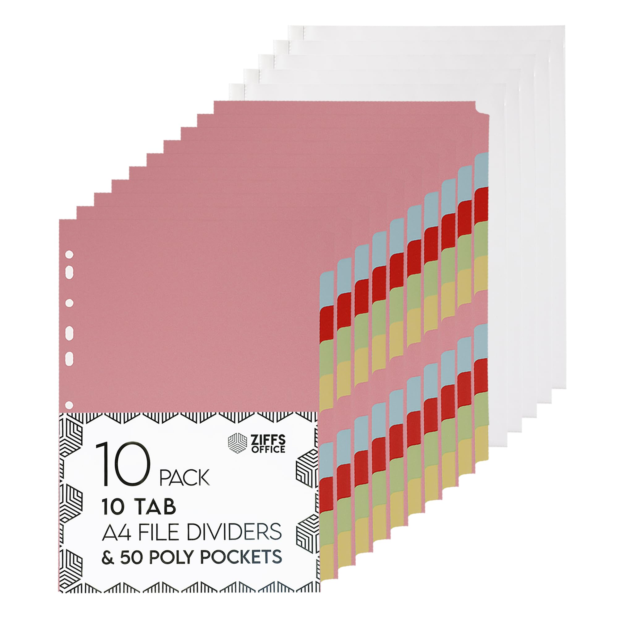 Ziffs Office® 10 Pack File Dividers - 50 Poly Pockets, 180 GSM - A4 Subject Dividers