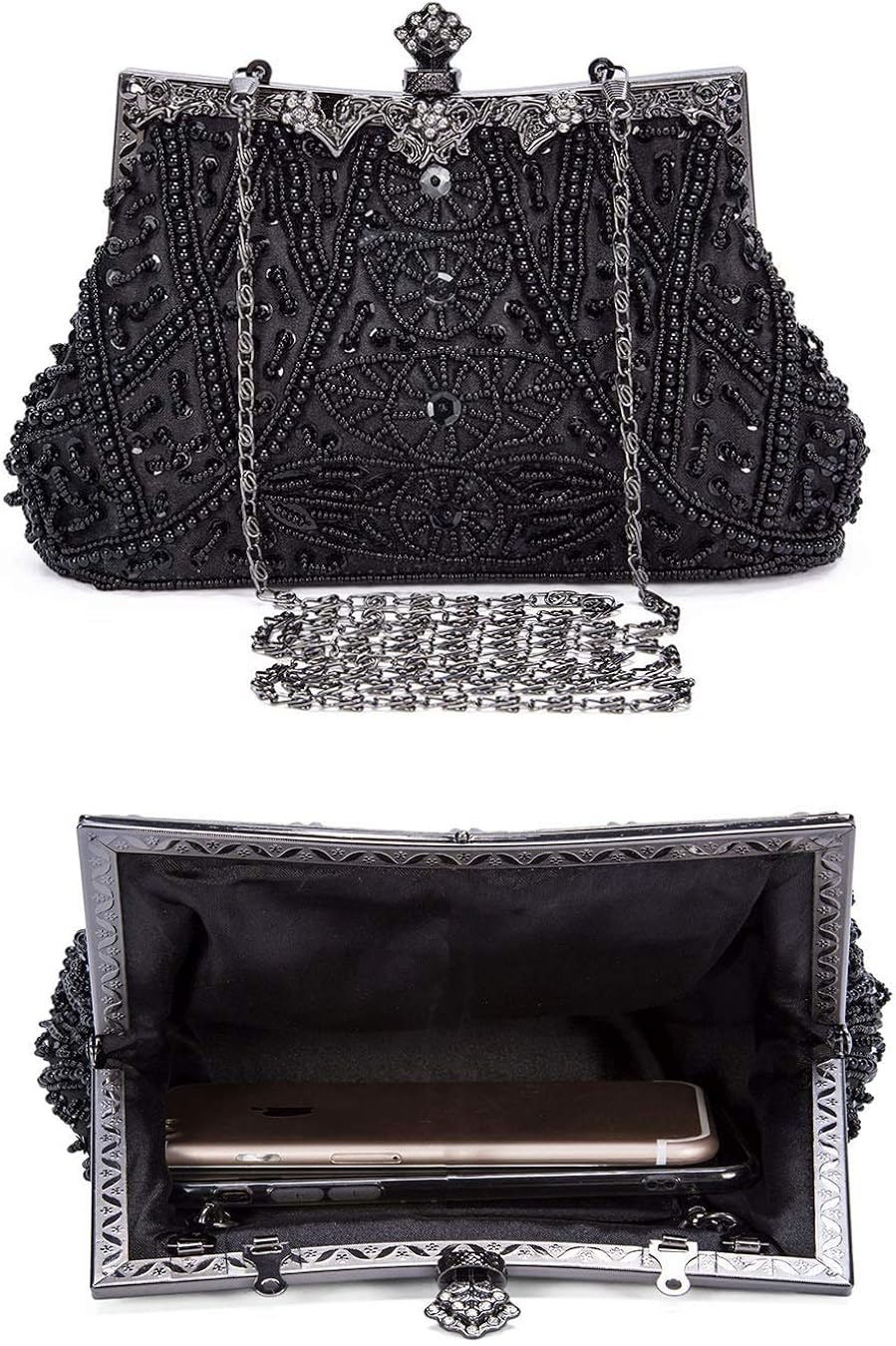 Selighting 1920s Vintage Beaded Clutch Evening Bags for Women Formal Bridal Wedding Clutch Purse Prom Cocktail Party Handbags (Black) - Image 5