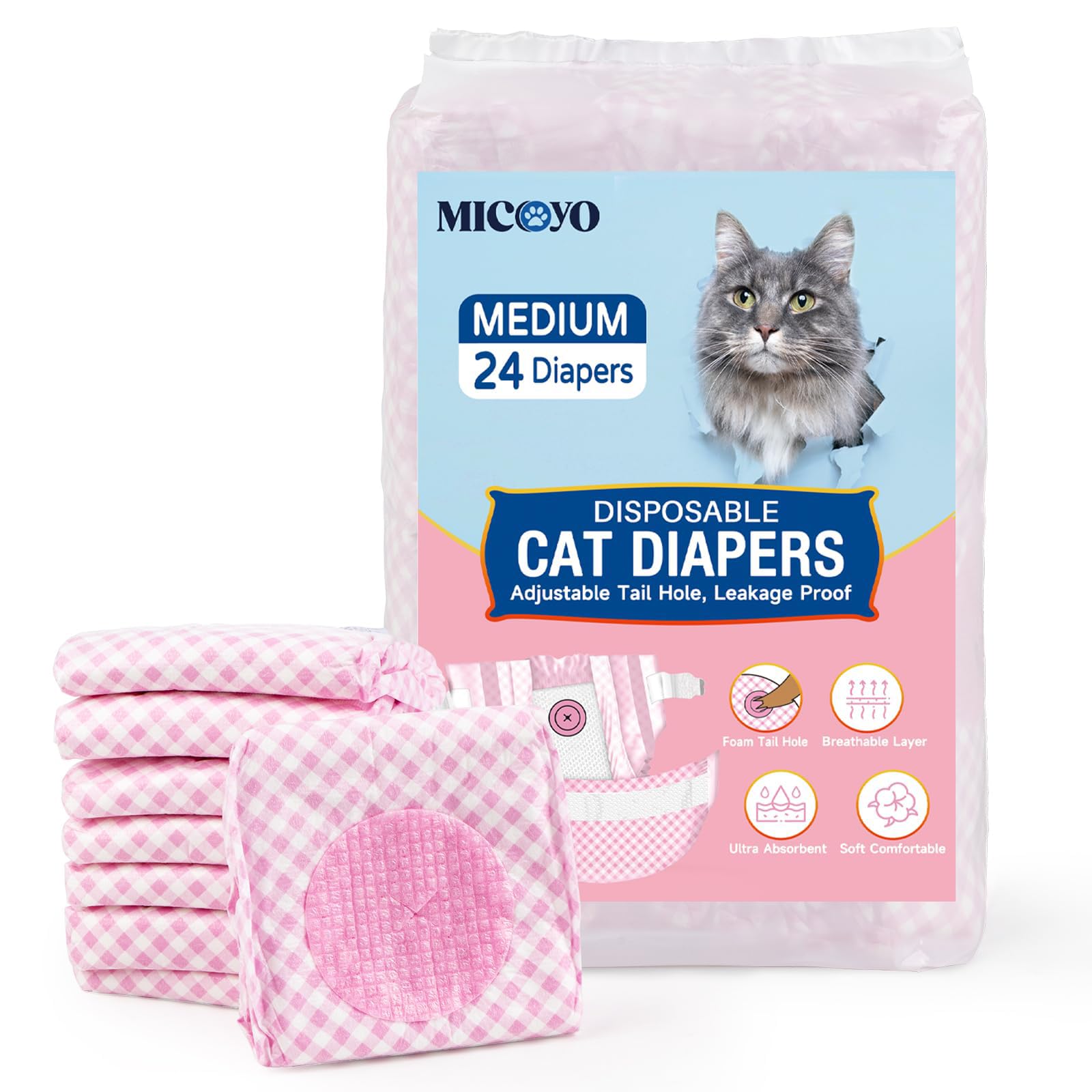 MICOOYO Disposable Puppy Cat Nappies, Super Absorbent Pet Diapers for Cats Small Dogs, Disposable Dog Diaper Pants for Female in Heat (M, 24Pack)