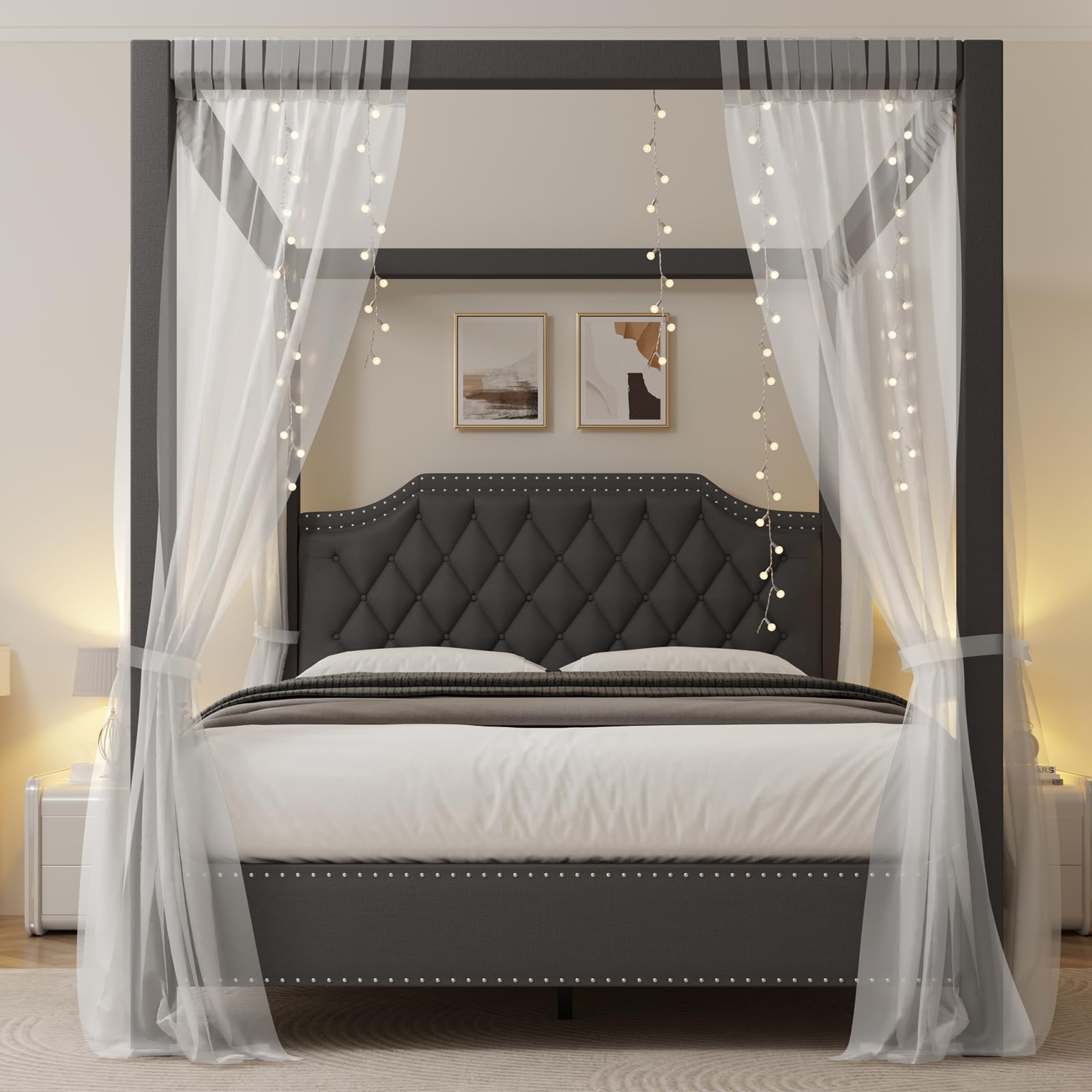 Photo 1 of GarveeHome Upholstered Canopy Bed Frame Queen Size with Headboard, Button Tufted, Nailhead Trim Design, No Box Spring Required, Dark Grey(Shipped in 2 Boxes)
