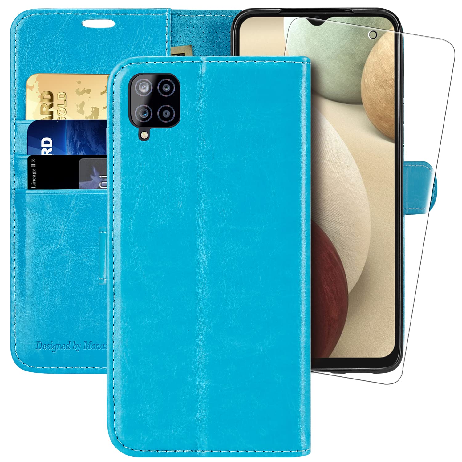 MONASAY For Samsung Galaxy A12 Phone Case, Flip Wallet Leather Case with Tempered Glass Screen Protector and Card Slot Kickstand Phone Cases Cover for 6.5 Inch Samsung Galaxy A12/M12, Light Blue