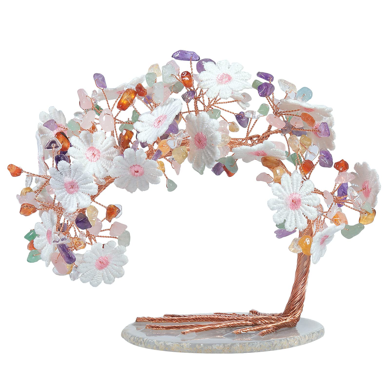 Nupuyai 7 Chakra Flower Crystal Money Tree with Agate Slice Base, Good Luck Fengshui Figurine Healing Stone Tree Ornament for Home Office Wedding Decor