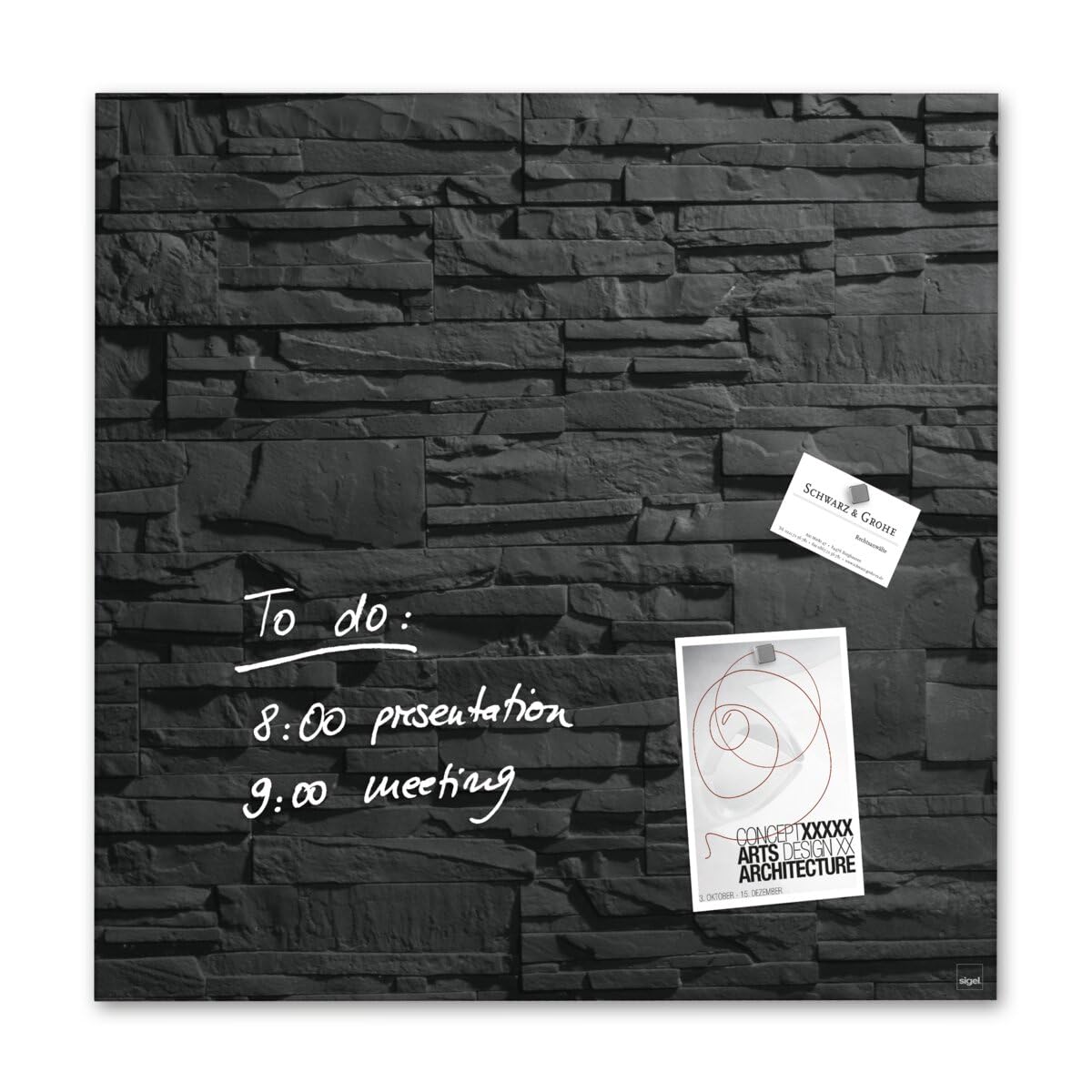 SIGEL GL169 Premium Glass magnetic Board, glossy surface, 48 x 48 cm, easy mounting, Black - Artverum