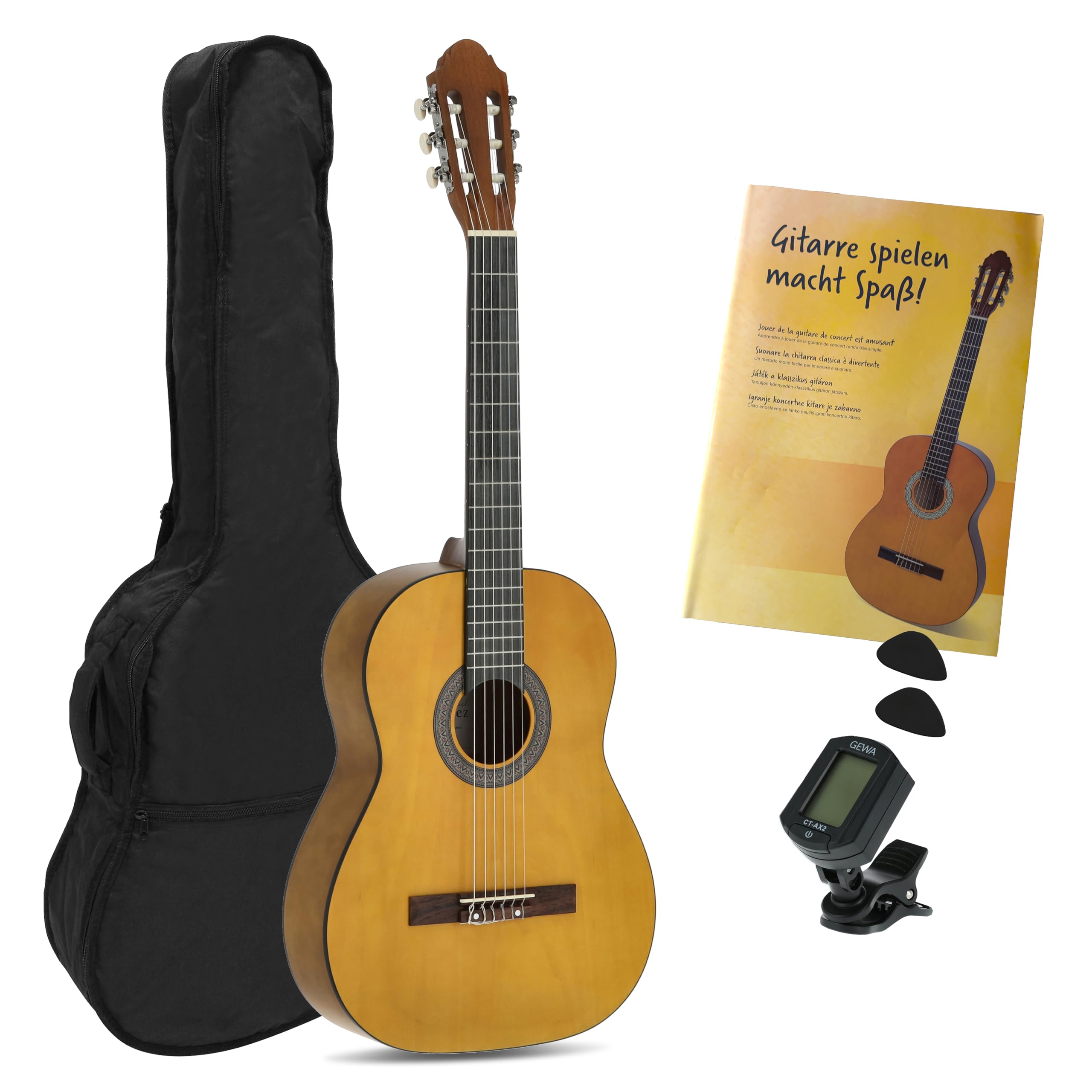Juan Miguel Navarrez concert guitar - classical guitar - 4/4 honey - natural - starter set - incl. bag, plectrums, book, tuner