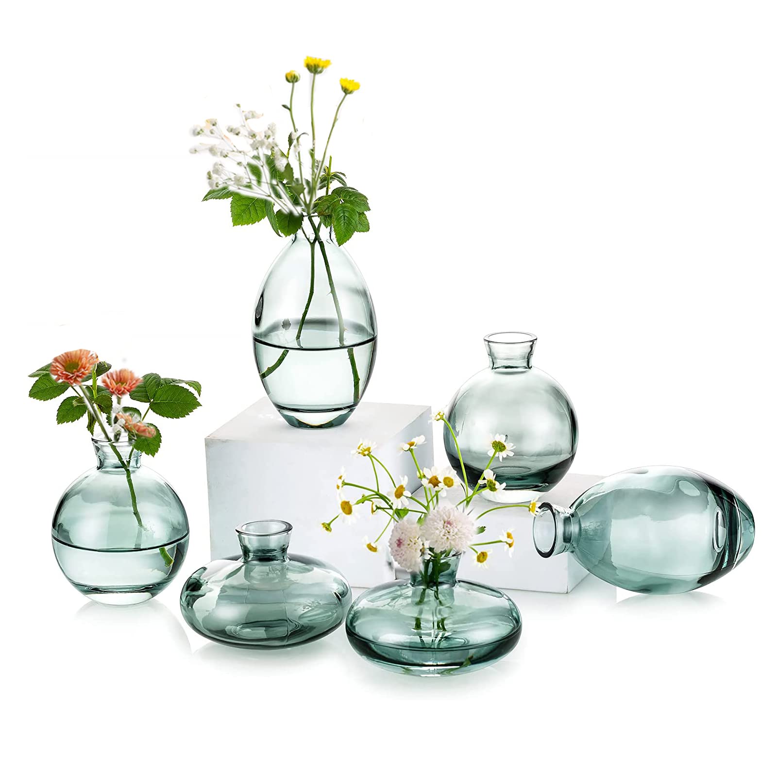 EylKoi Bud Vases Glass Mordern - 2sets(6Pcs) Green Small Vases for Centerpieces, Small Vase Mini Vases Flower Vase Mini Tiny Vases for Home Decor Wedding Decorative Centerpieces, Events Bookshelf