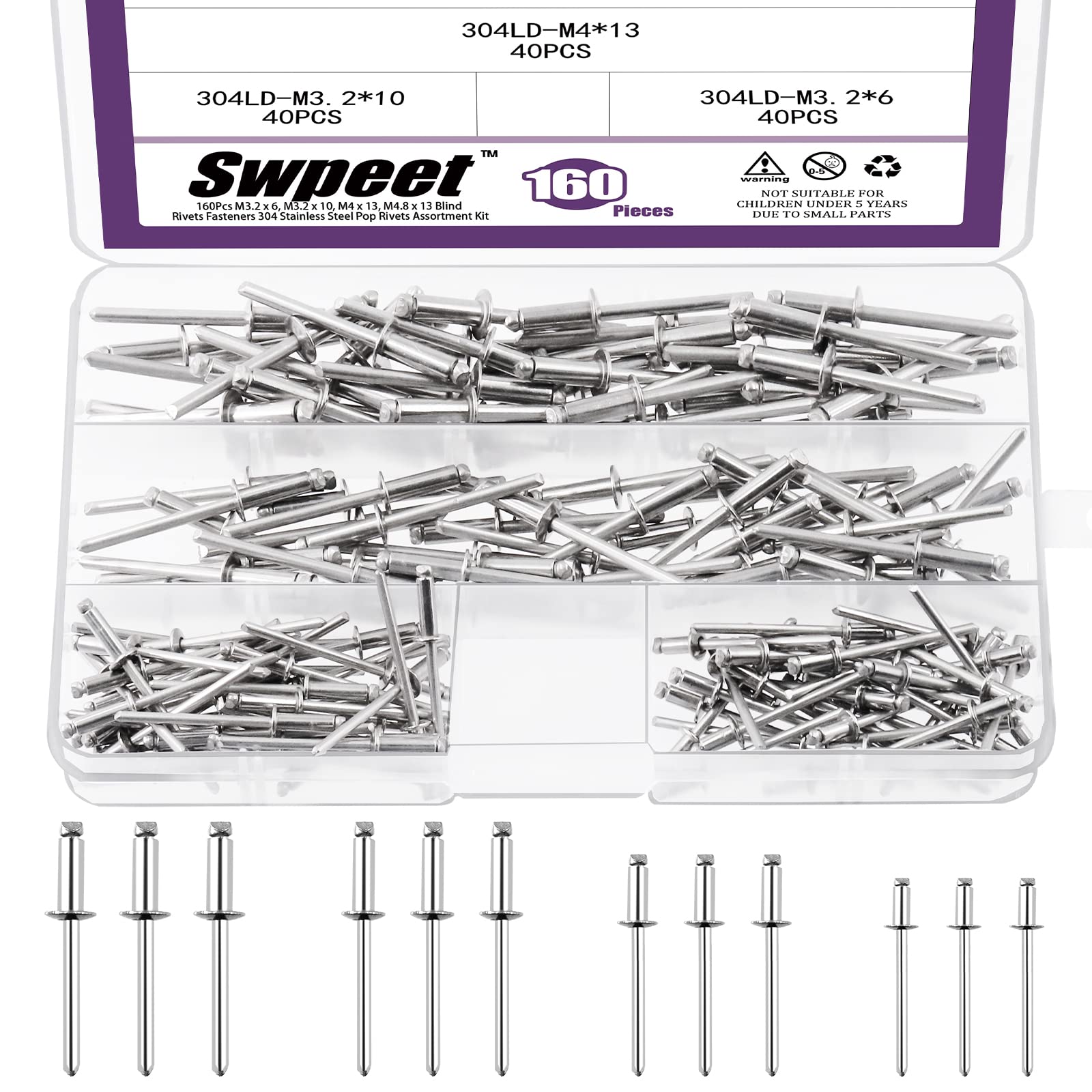 Swpeet 304 Stainless Steel Blind Rivets, Pop Rivets Assortment Kit