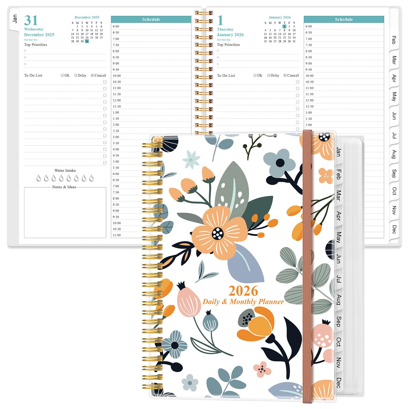Photo 1 of 2026 Daily & Monthly Planner - One Page Per Day, Daily Planner from January 2026 - December 2026, Planner 2026 with 12 Monthly Tabs, 8.5" x 11", Rose Flower