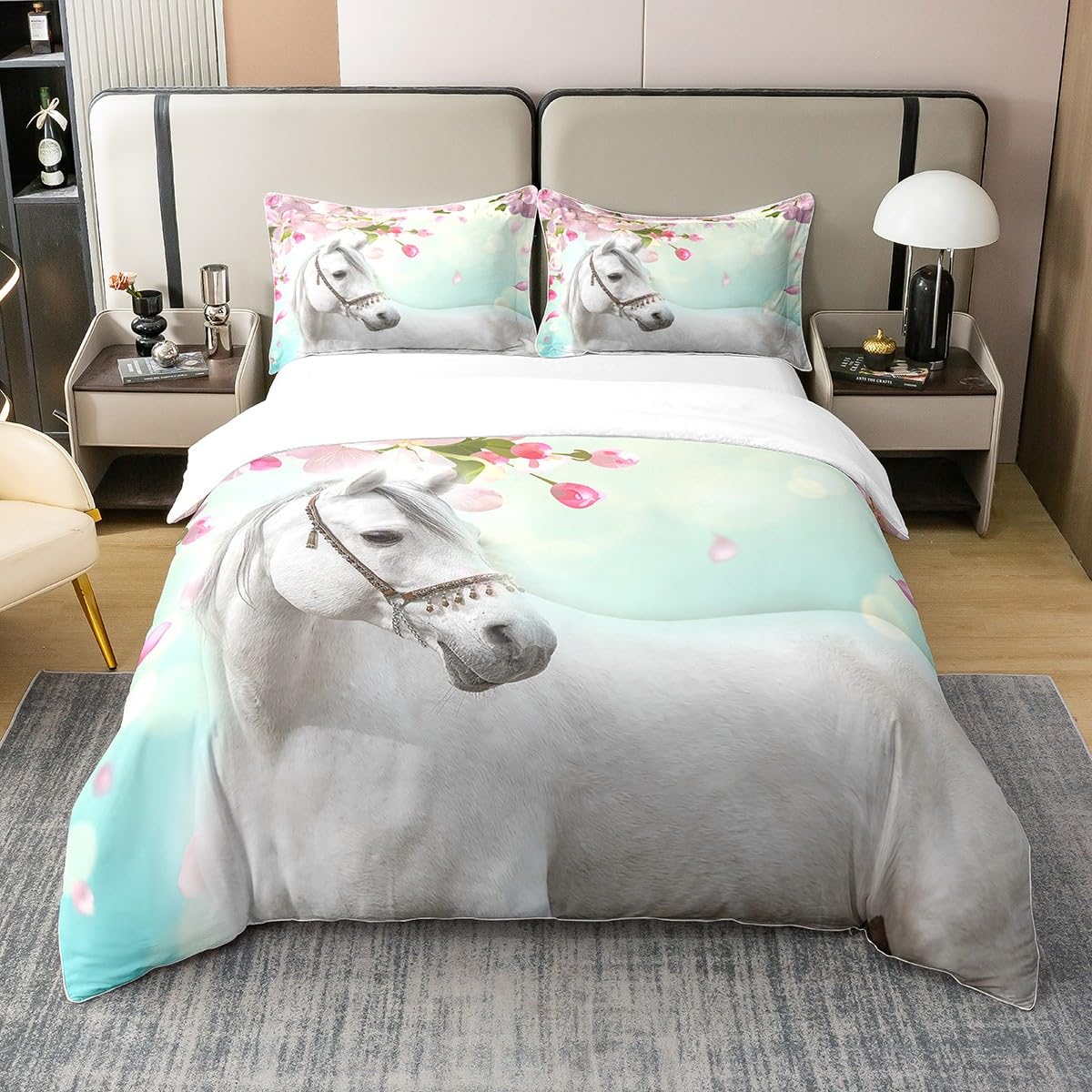 100% Organic Cotton White Horse Duvet Cover,Farmhouse Cowboy Cowgirl Bedding Set,Pink Cherry Floral Comforter Cover for Kids Girls Women,Rustic Farm Animal Bed Sets with 1 Pillow Case,Single