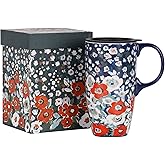 Topadorn 17oz Tall Coffee Mug - Floral Ceramic Cup with Lid & Color Box