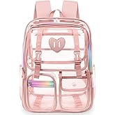 Ujemin Clear Backpack for Girls Women Heavy Duty Transparent Bookbag School Backpack with Mesh Pockets Stadium Approved See Through Backpack (Pink)