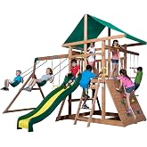Backyard Discovery Mount Mckinley Cedar Wood Swing Set with Wave Slide, Play Deck, Double Rock Wall, Rope Ladder, Web Swing, Belt Swings, Toy Telescope, Steering Wheel, Sandbox Area, Outdoor Playset