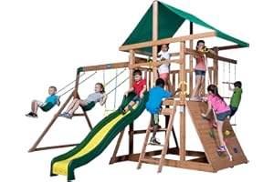 Backyard Discovery Mount Mckinley Cedar Wood Swing Set with Wave Slide, Play Deck, Double Rock Wall, Rope Ladder, Web Swing, Belt Swings, Toy Telescope, Steering Wheel, Sandbox Area, Outdoor Playset