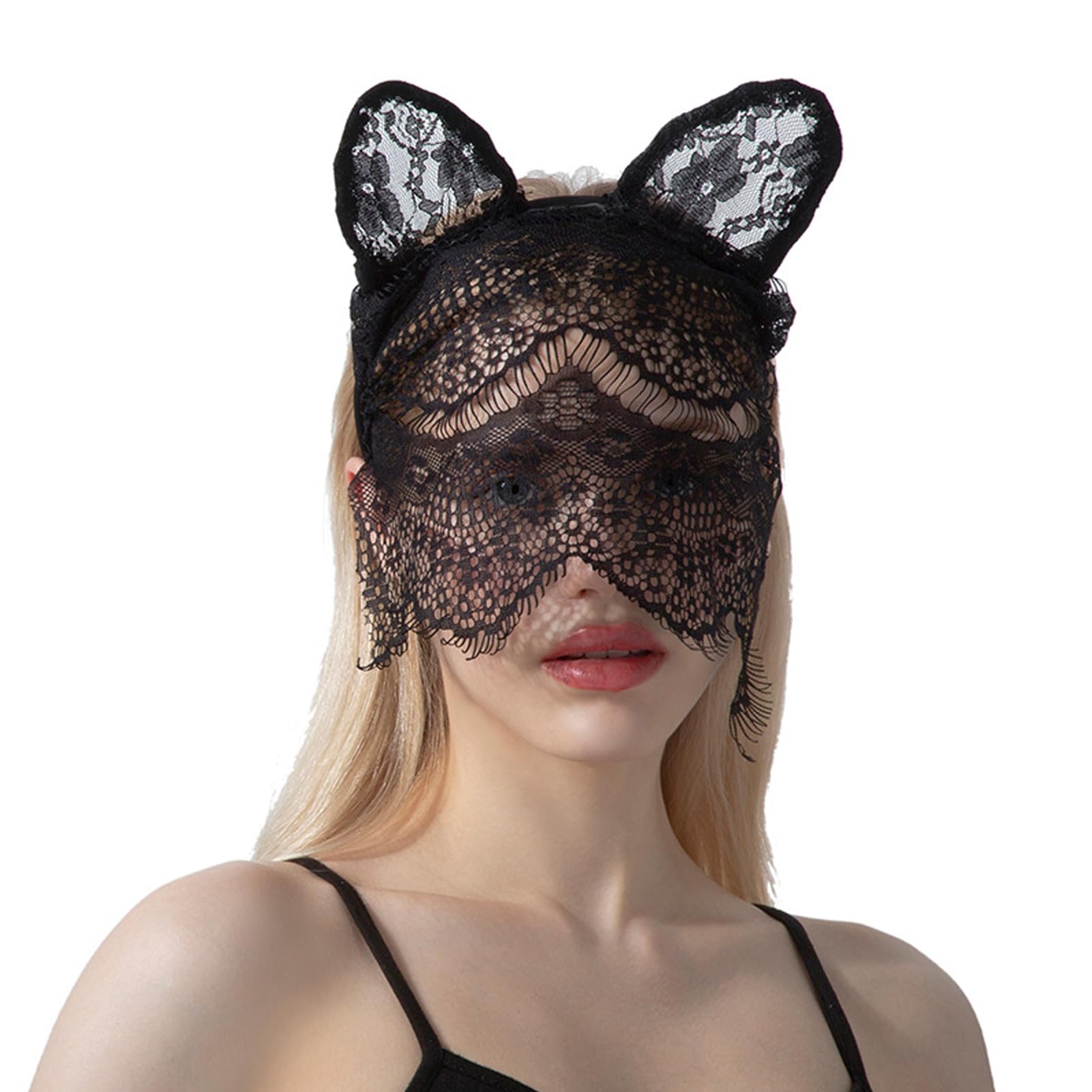 NICENEEDED Masquerade Lace Skin Mask for Women, Masquerade Headband Hair Hoop Mask, Full Face Mask Party Black Veil Headgear Mesh Headwear for Costume Balls Prom Carnival Halloween