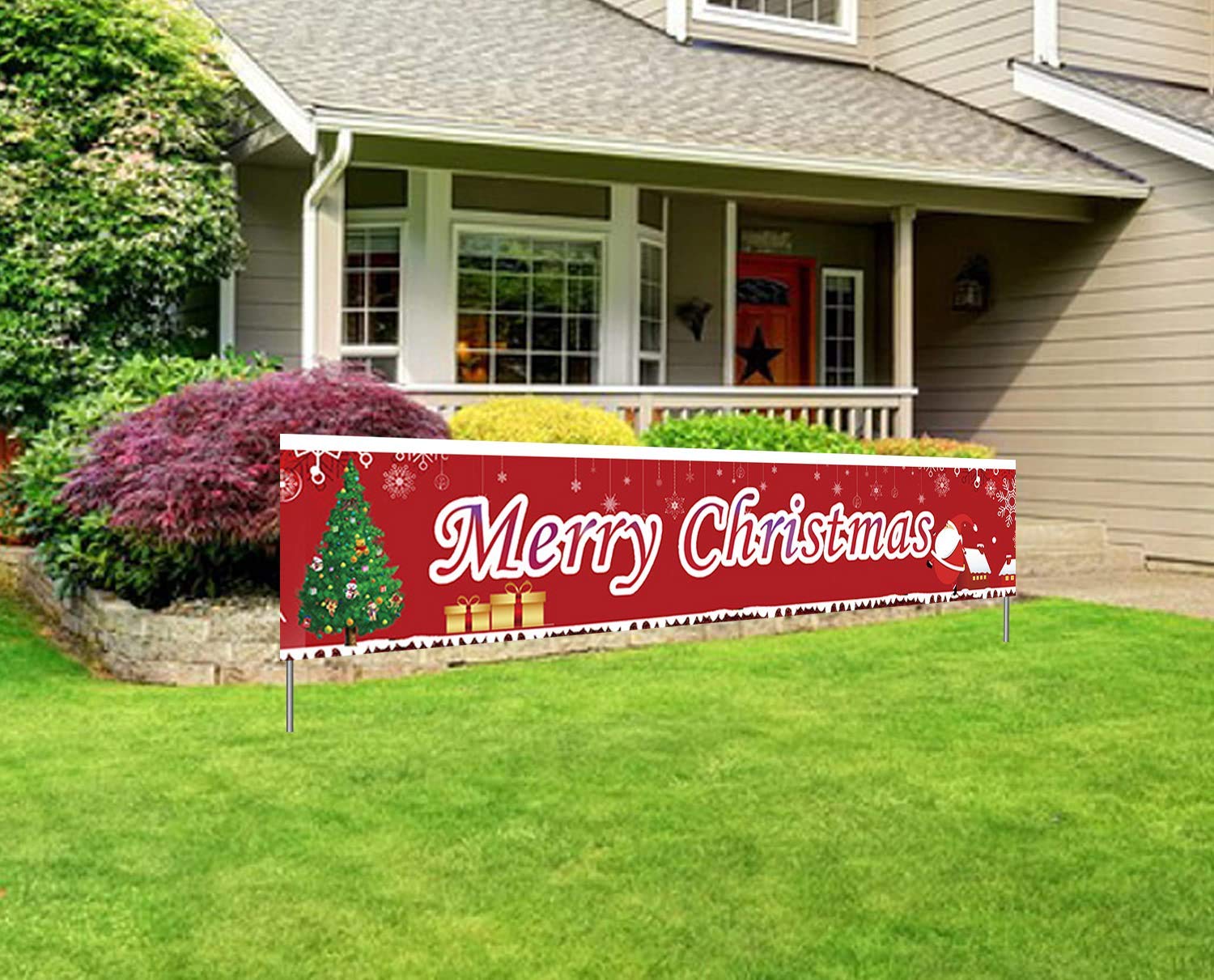 Merry Christmas Banner Large Xmas Yard Banners Christmas Party Decoration Supplies Home Holiday Bunting Banner Outdoor Indoor Christmas Decorations(9.8x 1.6 feet)