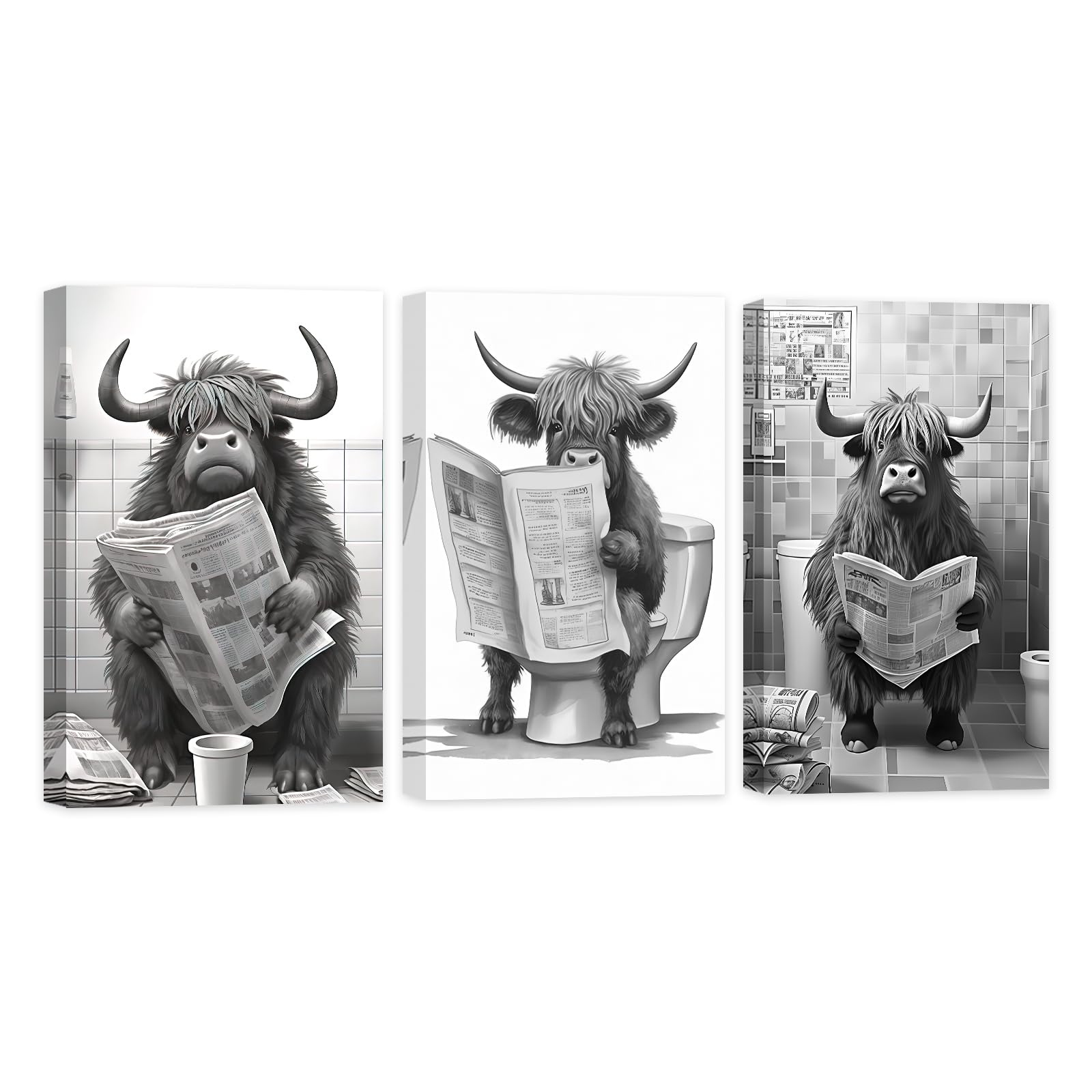 CCWACPP Bathroom Animal Wall Art Set of 3 Funny Black and White Highland Cattle Canvas Print Cow Pictures Wall Decor On Toilet Poster Framed (30x40cmx3, Cow - 3)