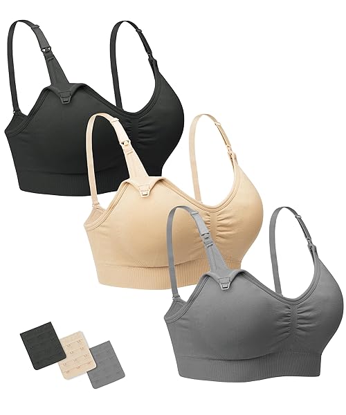 Stelle Nursing Bras Maternity Bra for Breastfeeding Pregnancy Wireless Bralette with Pads, Extenders (Black+Gray+Beige,S)