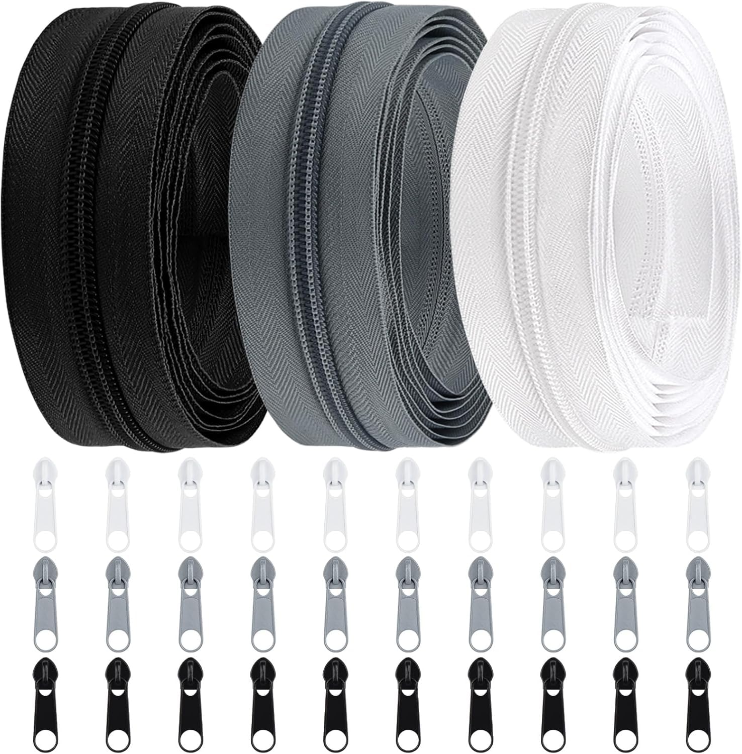 DOITEM #5 Nylon Coil Zippers by The Yard Bulk 10 Yards 9 Meters with 20pcs Zipper Sliders for DIY Sewing Tailor Craft Bag Garment Home Textile (Black White Grey, #5)