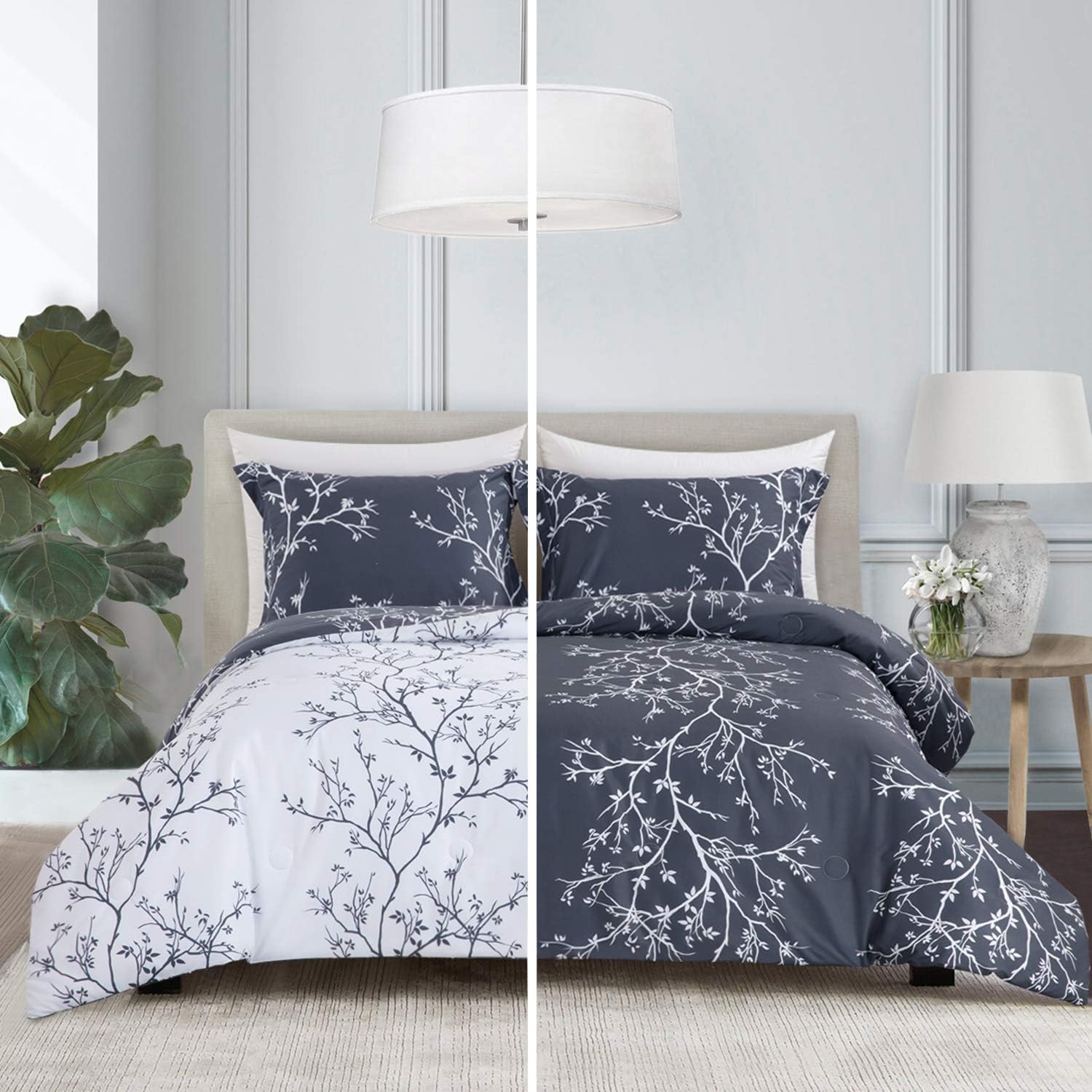 Amazon Com Hombys Comforter Set Twin Navy Blue And White Reversible 2 Piece Duvet Insert With 1 Pillowcases Ultra Soft All Season Floral Branch Printed Gray Bedding Hypoallergenic Down Alternative Microfiber Kitchen Dining