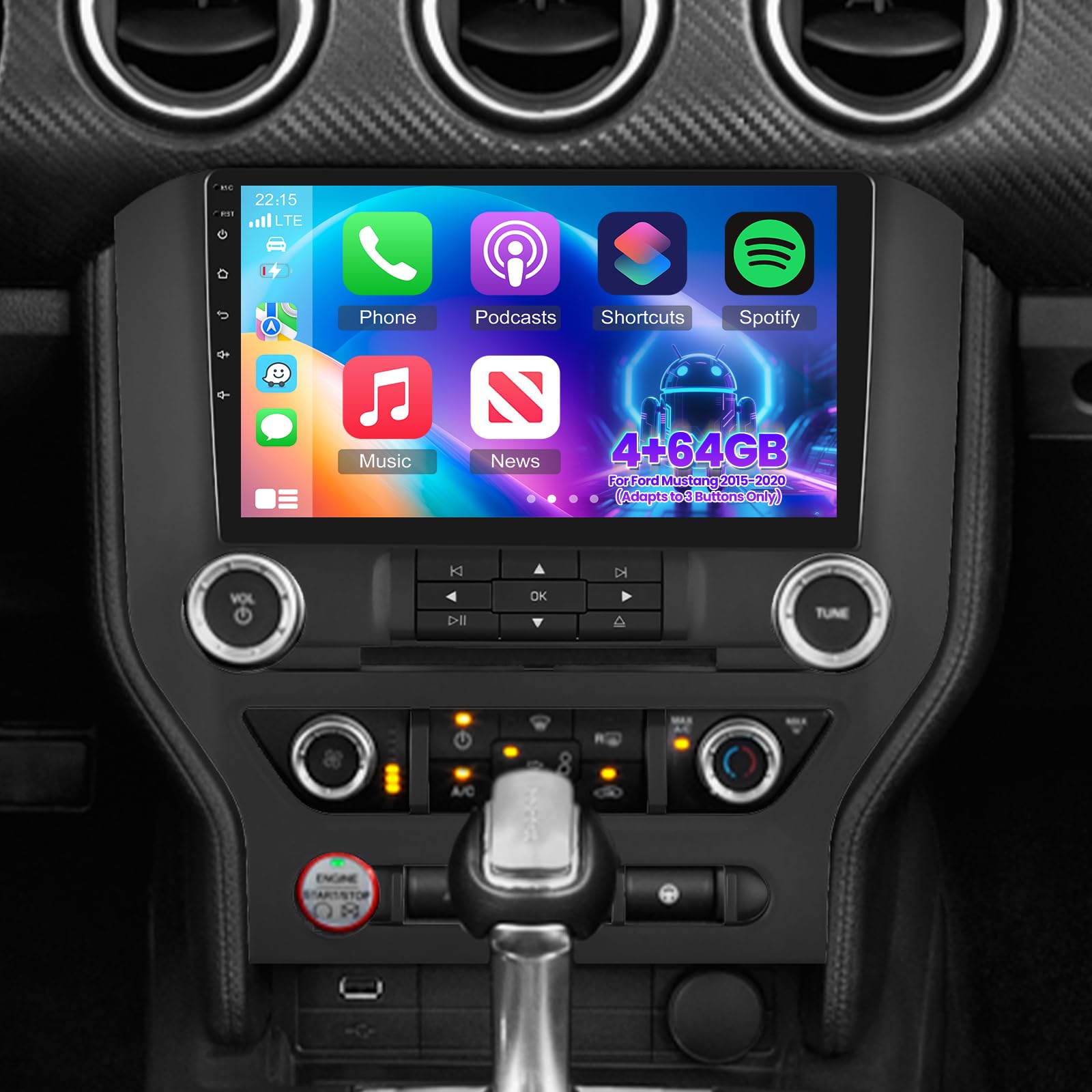 Photo 1 of 4+64G 9 inch Screen Radio for Ford Mustang 2015 2016 2017 2018 2019 2020 (Adapts to 3 Buttons) -Android Touchscreen Car Stereo with Carplay/Android Auto/Bluetooth 5.0/32 EQ Audio