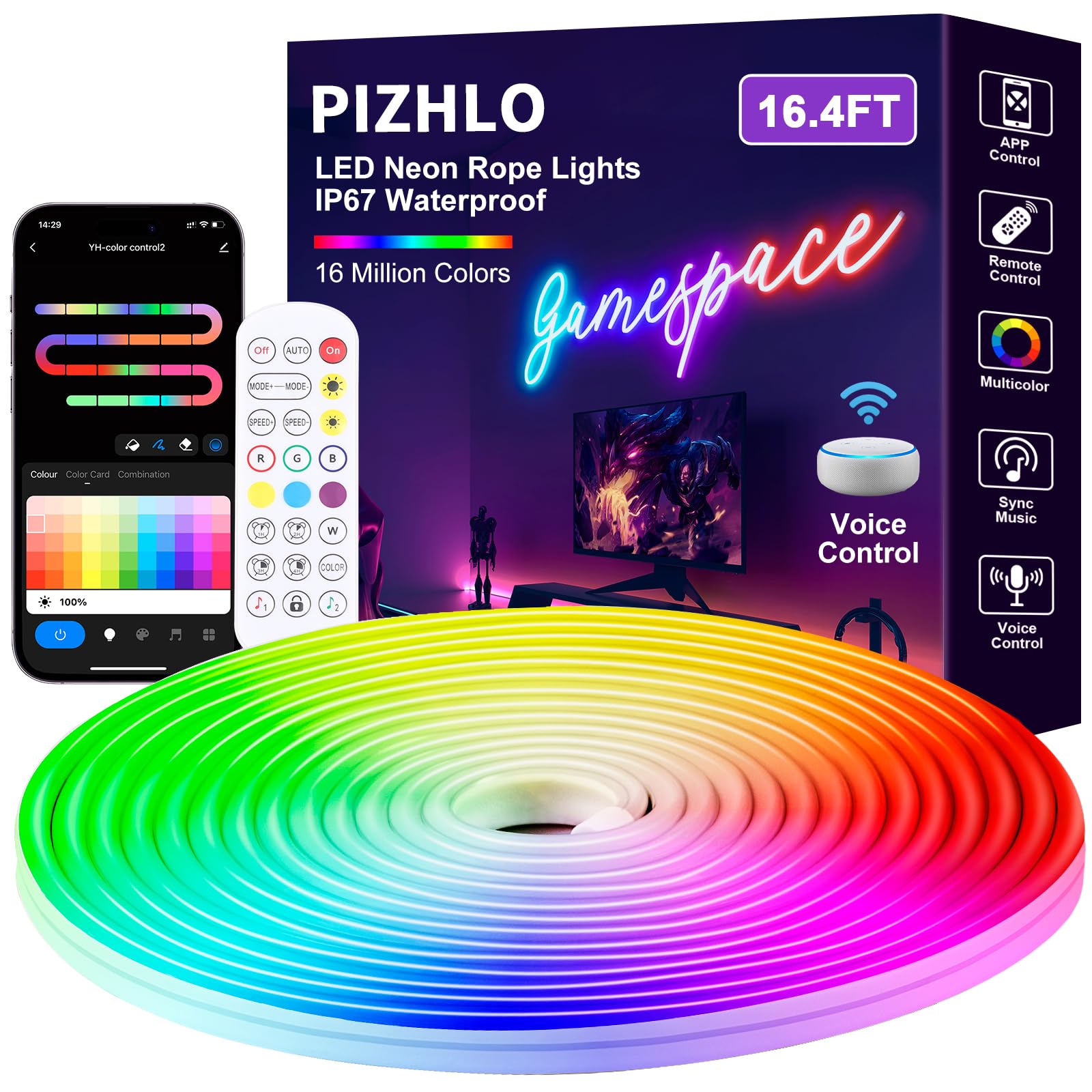 Photo 1 of (no adhesive tape) PIZHLO 16.4ft Neon Rope Light, Control with App/Remote/Voice, IP67 Waterproof Strip Lights, Multiple Colors/Modes/Music Sync/DIY