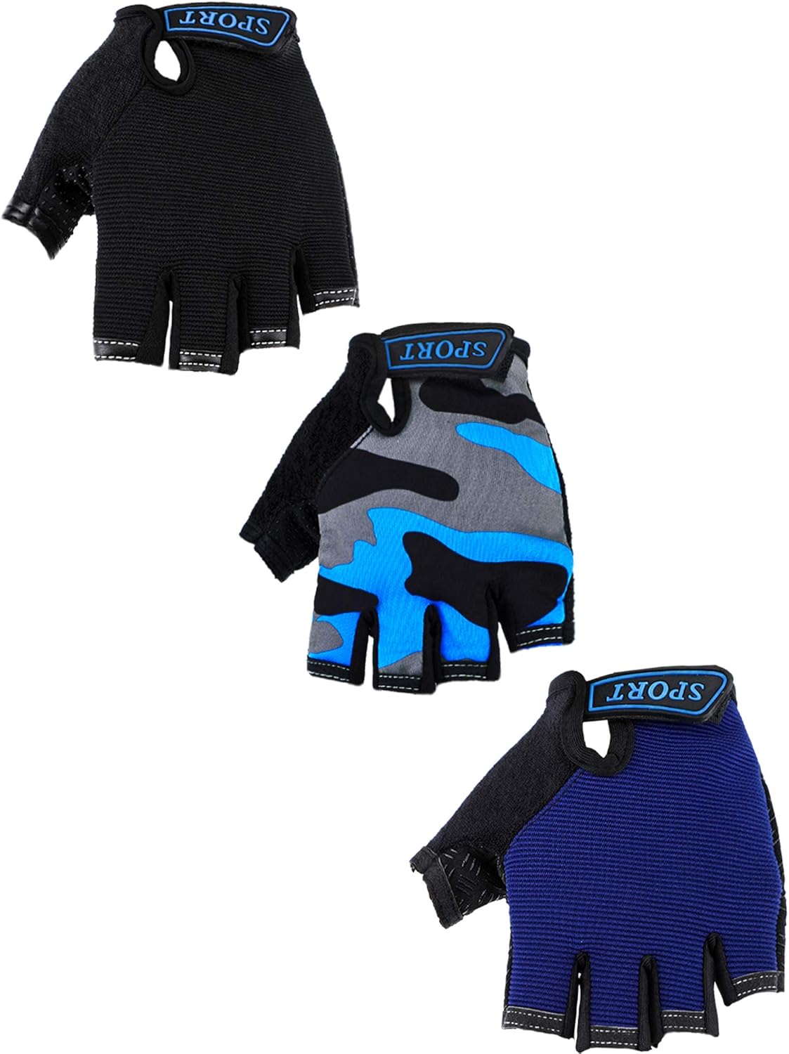 3 Pairs Kids Half Finger Gloves Sport Gloves Non-Slip Gel Gloves for Children Cycling Riding Biking, Blue, Grey Camouflage, Black : Clothing
