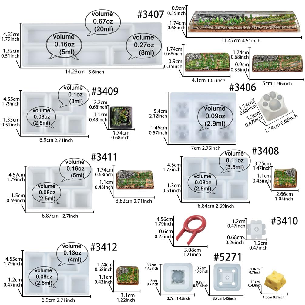 Keycaps Epoxy Resin Casting Molds Set for Mechanical Gaming Keyboard Polymer Clay Crafts 7 Silicone Trays with Key Puller