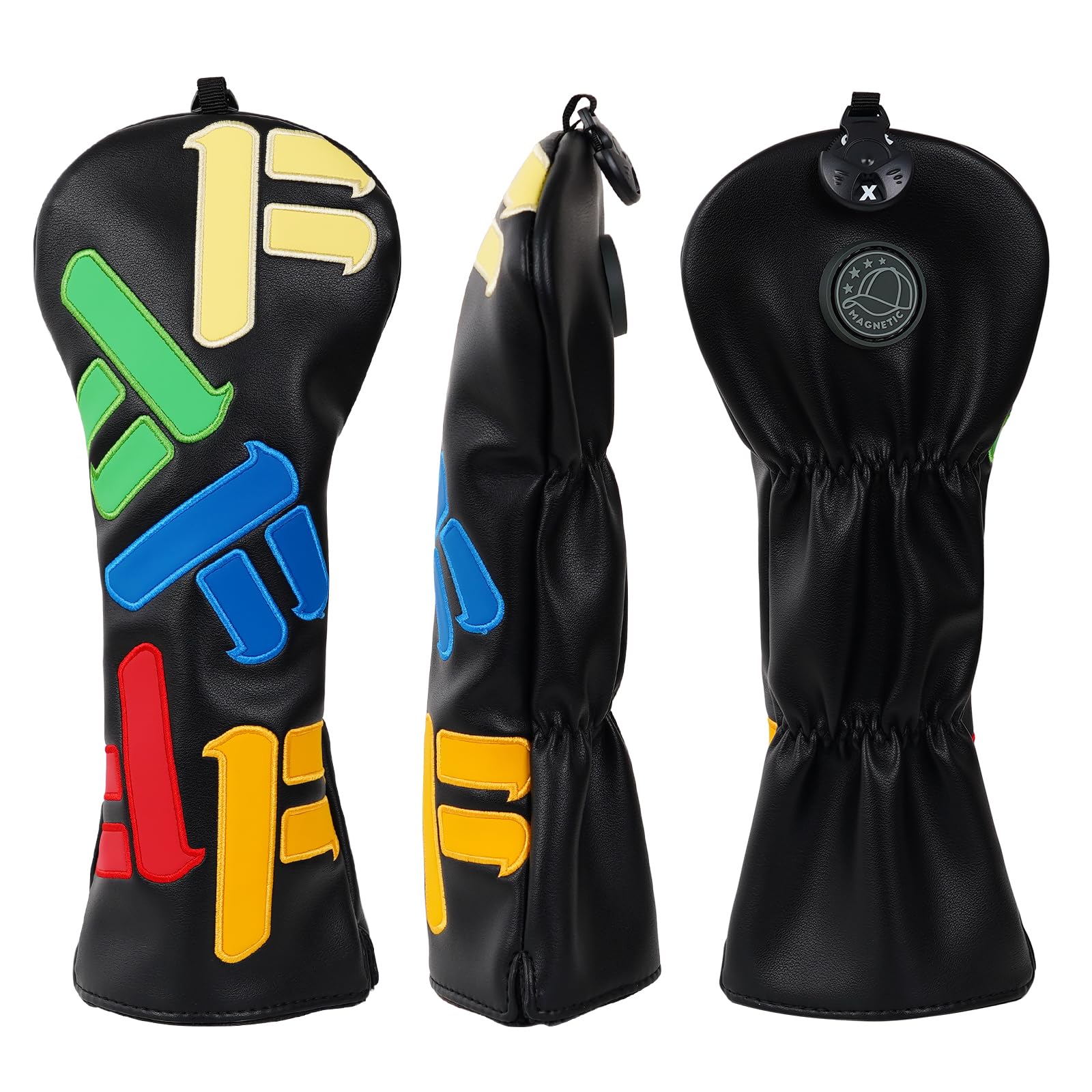 Golf Club Head covers Fairway Wood FW with Interchangeable Number Tag 3457X Elastic Closure Black PU Leather Multicolored Text