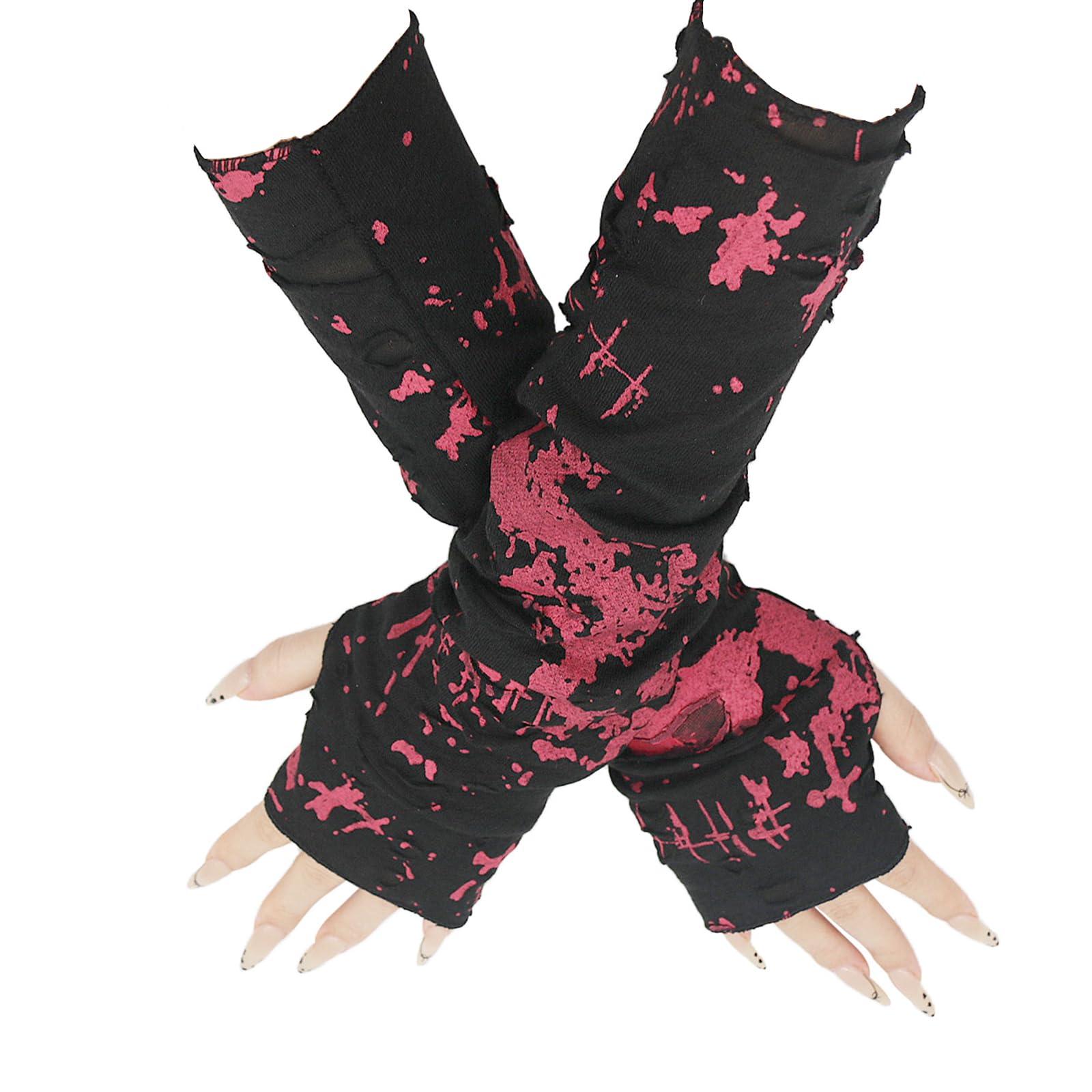 Long Keeper Women Long Glove Fingerless Arm Warmers Gothic Ripped Hole Long Arm Gloves Y2K Punk Rock Half Finger Halloween Gloves for Cosplay Costume Party