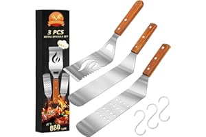 HEORIM 3PCS Stainless Steel Metal Spatula Burger Turner Spatula，Solid Cooking Spatula，Perforated Cooking Spatula and Griddle Spatula，Hamburger Turner with Wooden Handle for Barbecue Father Dad Gifts