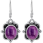 Natural Oval Gemstones Dangle Earrings for Women - Silver Plated Handmade Vintage Style Bohemian Birthstone Jewelry Earrings - Wedding Christmas Mother's Day Women's Day Gifts for Her