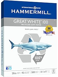 Hammermill Paper, Great White 100% Recycled Printer Paper, 8.5 x 11 Paper, Letter Size, 20lb Paper, 92 Bright, 1 Ream / 500 Sheets (086790R) Acid Free Paper