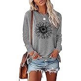 FAOUEOW Womens Crewneck Graphic Sweatshirt Tops Fashion Sunflower Floral Printed Casual Cotton Long Sleeve Tees Shirt