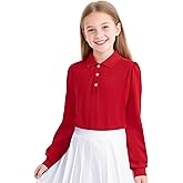 KEREDA Long Sleeve Uniform Shirts for Girls Cotton School Polo Shirts with Button for Kids