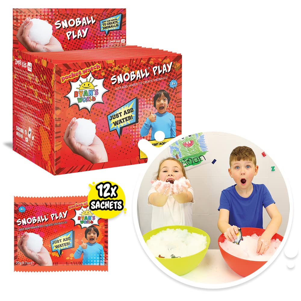 12 x Ryan's World SnoBall Play Foil Bags from Zimpli Kids, Magically turns water into Snow, Party Bag Fillers, Party Favours Gifts, Pinata Fillers, Stocking Fillers, Children's Fake Artificial Snow