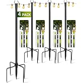 LRYXEG String Light Poles for Outside, 4 Pack 10 ft Adjustable Light Poles | Heavy Duty, Weather Resistant, 5 Prong Stable Base, Ground &amp; Fence Mount, Fence Clips Included, For Patio Garden Porch Decor